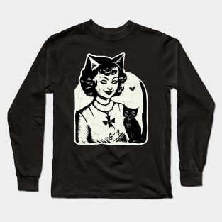 Vintage Halloween Girl and Black Cat Long Sleeve T-Shirt